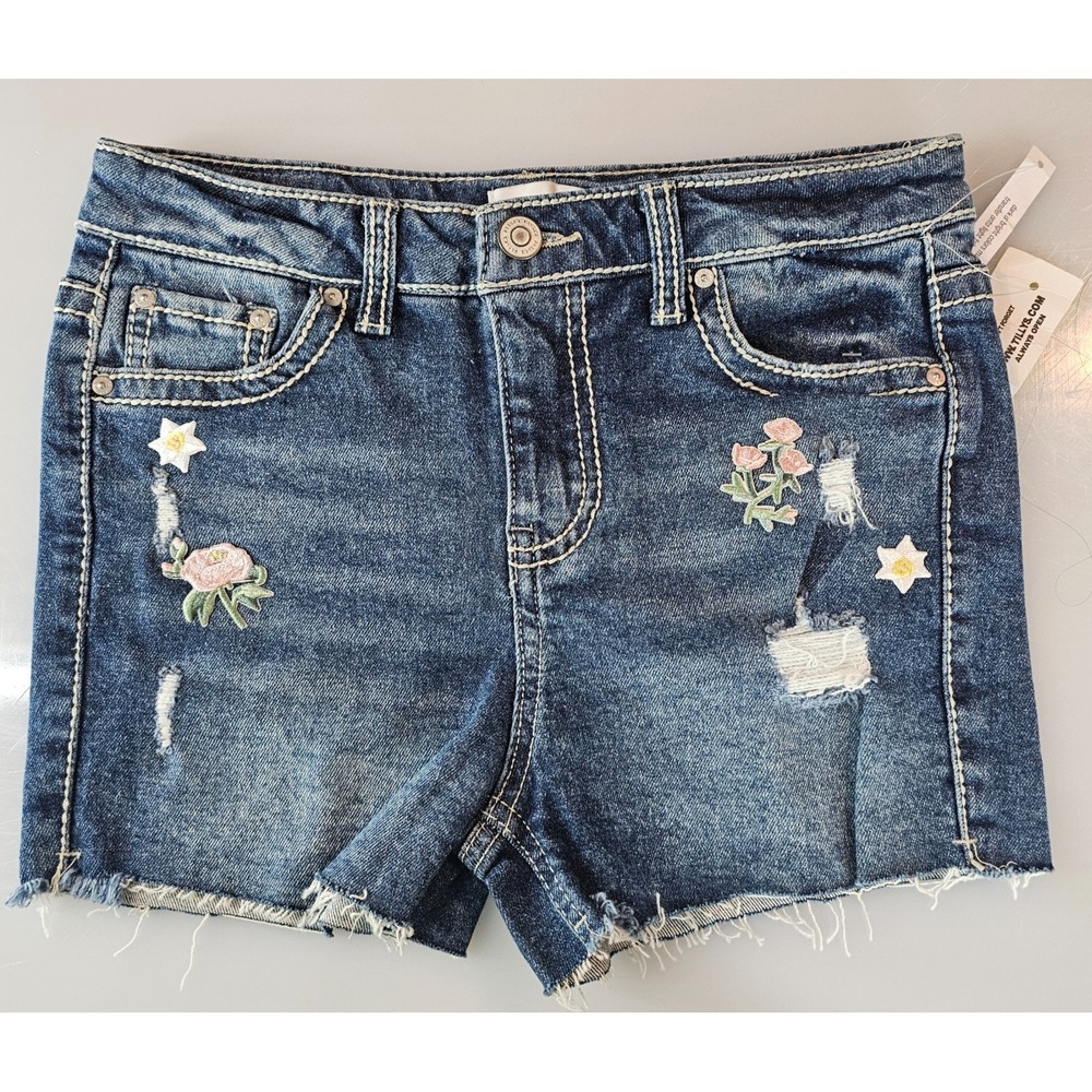 RSQ Girl Denim Shorts 10 Distressed Vintage High Rise Fray Embroide Tilly jean